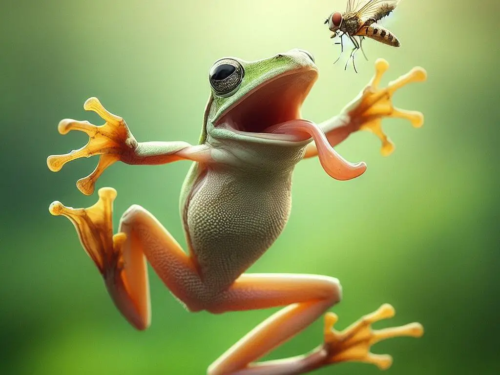 Michigan tree frog catching a mosquito demonstrating natural pest control.