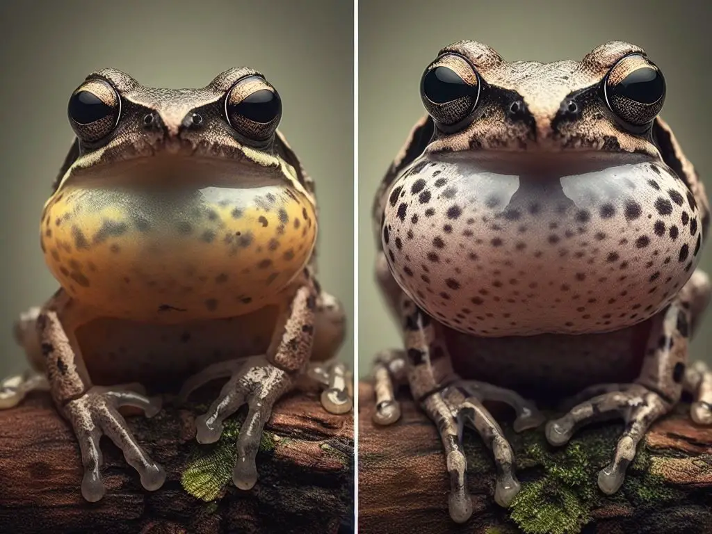 Male and female Black Eyed Tree Frog comparison showing sexual dimorphism