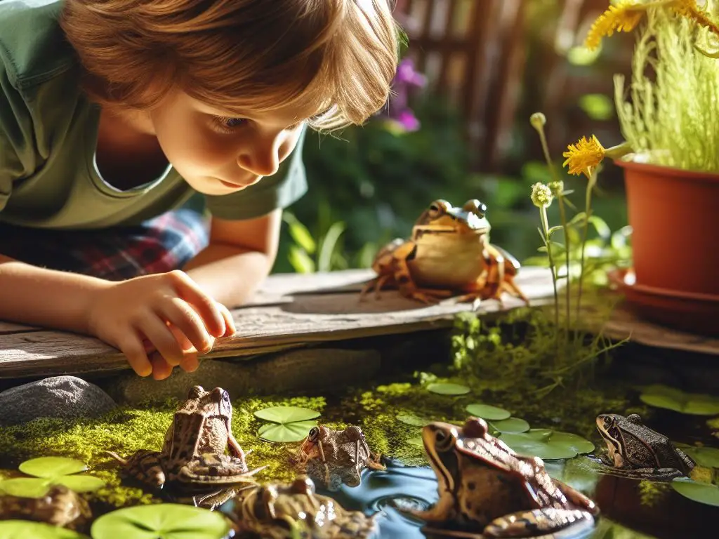 Child discovering tree frogs in a wildlife-friendly backyard pond in Michigan.