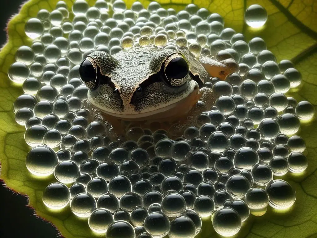 Translucent Black Eyed Tree Frog eggs laid on rainforest leaf