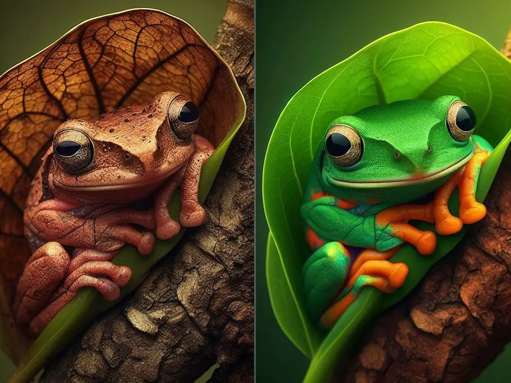 Michigan tree frog camouflage transformation - before and after changing color on different backgrounds.