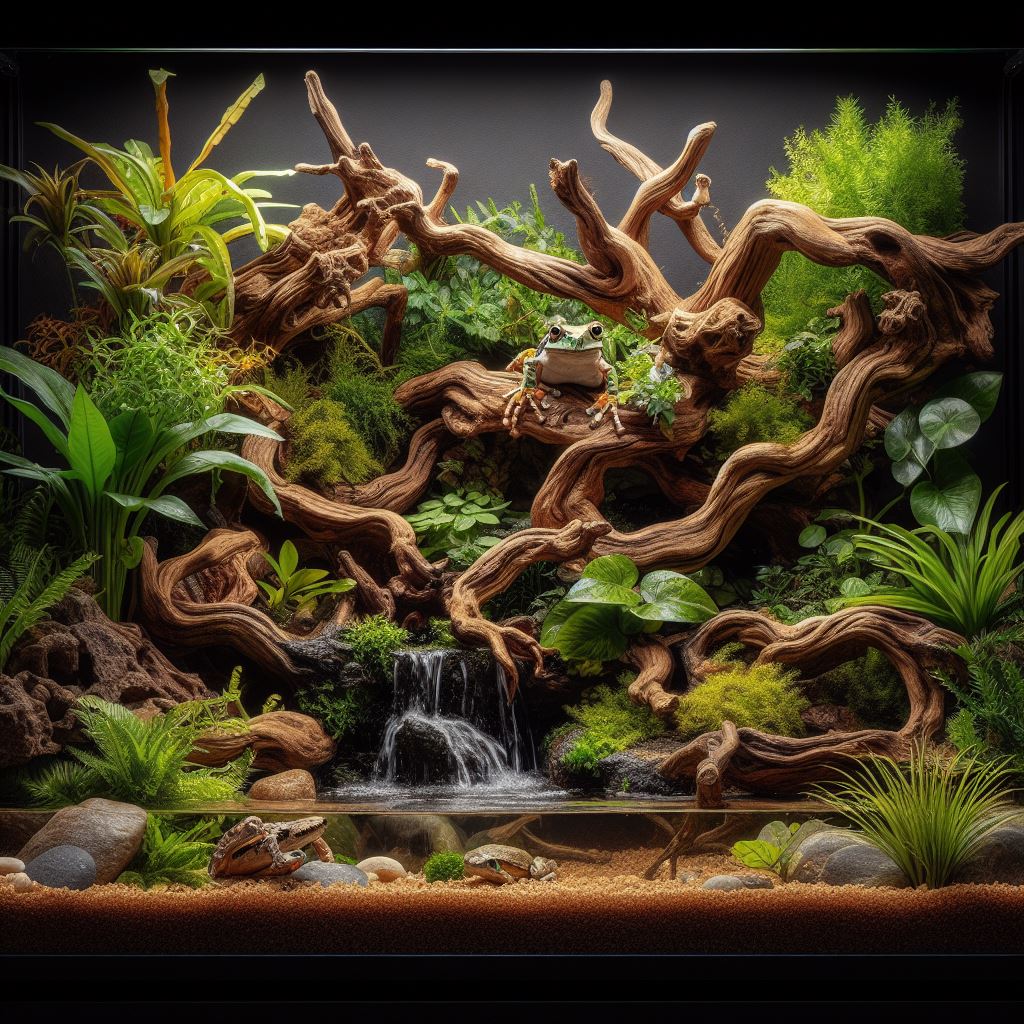 A beautiful tree frog habitat with branches, live plants, and a clean water dish.