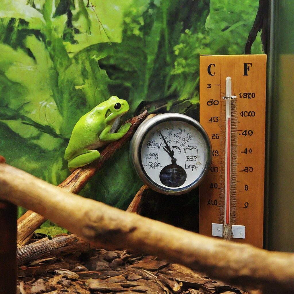 Close-up of a thermometer and hygrometer mounted inside a dumpy tree frog enclosure, displaying temperature and humidity readings.