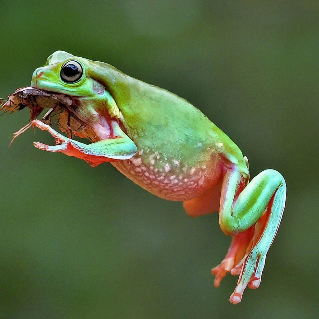 Action shot of a dumpy tree frog leaping through the air to catch a cricket, showcasing its insect-based diet