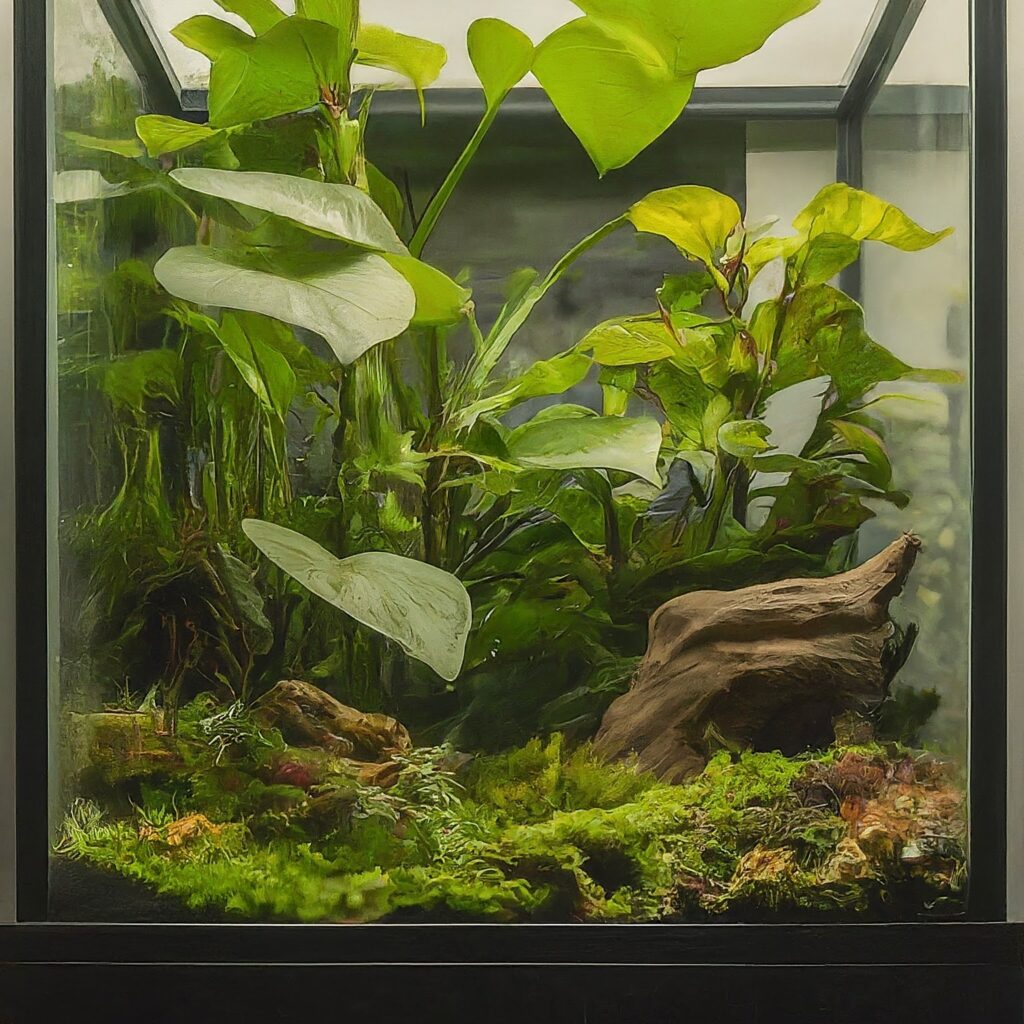 A section of a dumpy tree frog enclosure utilizing a bioactive setup with live plants and small invertebrates like springtails