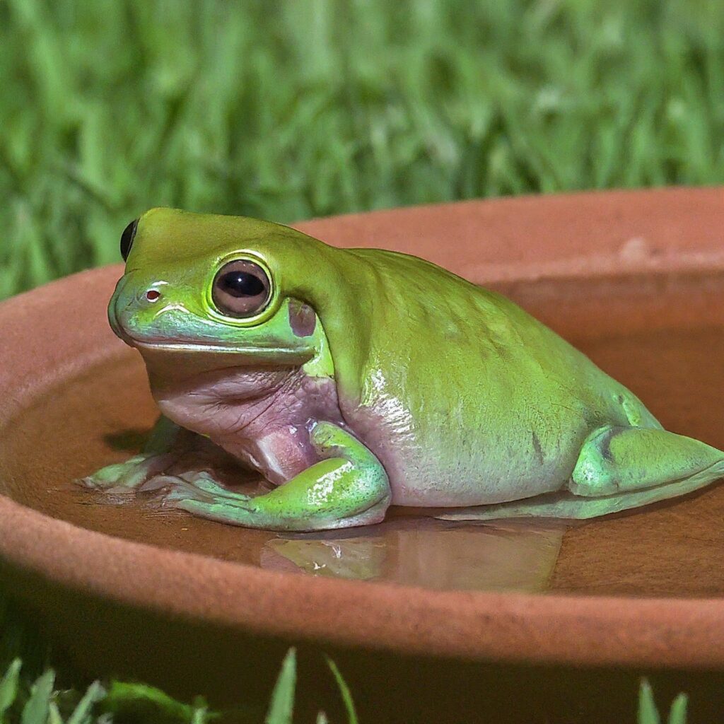 A dumpy tree frog relaxing in its large, shallow water dish.