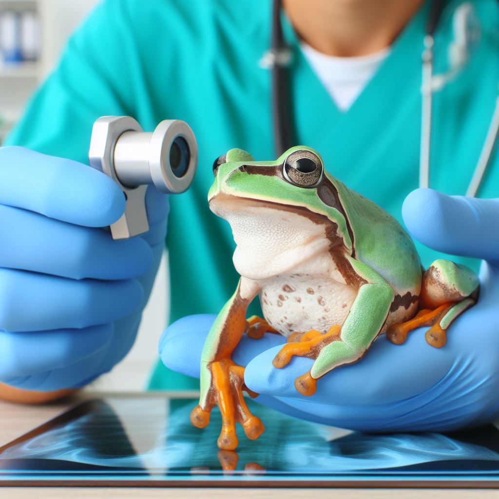 A veterinarian examining a tree frog on an exam table at an animal clinic.