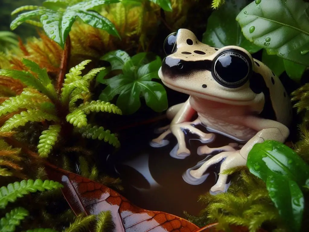 Black Eyed Tree Frog in a tropical rainforest habitat with dense plants and water source