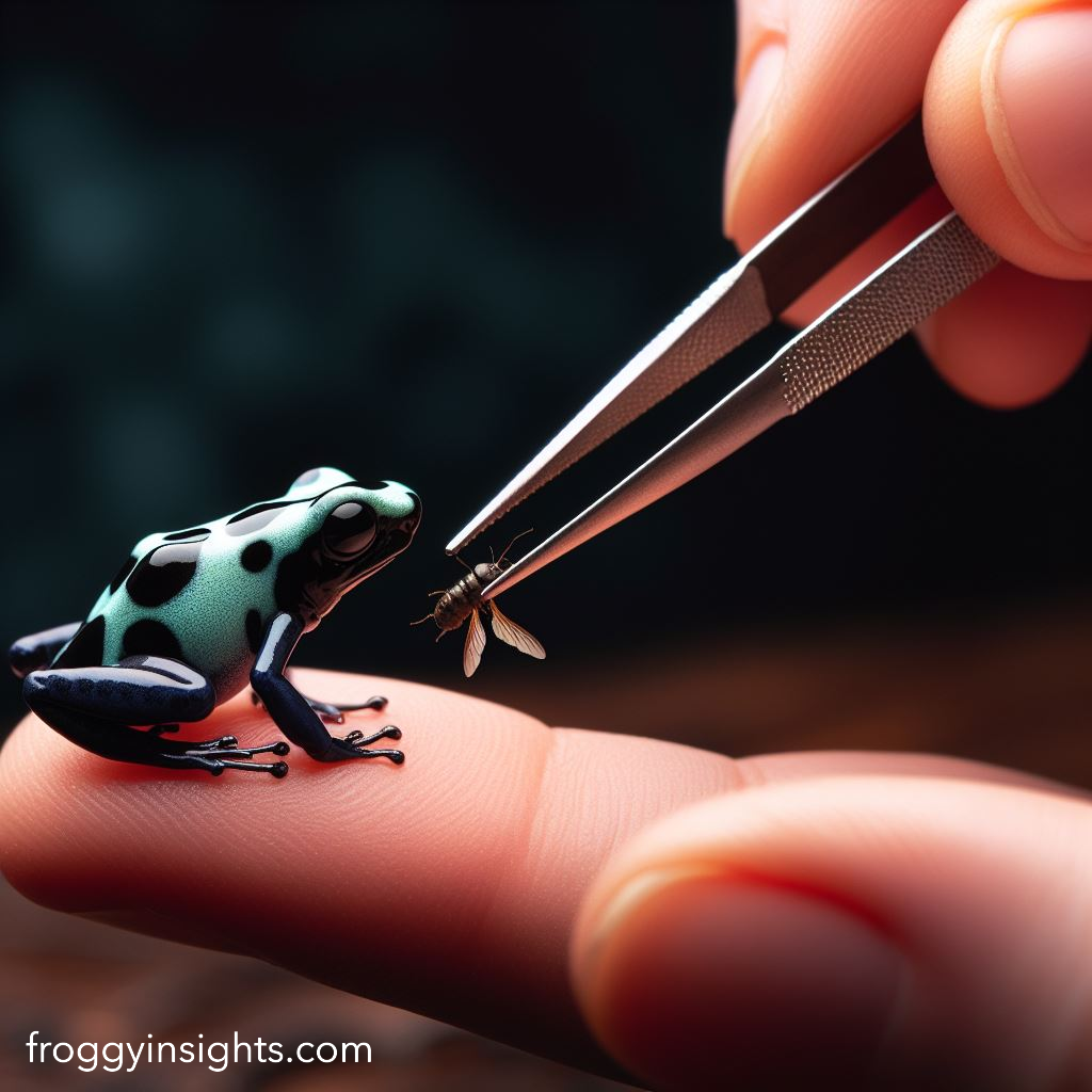 Feeding a poison dart frog a flightless fruit fly in its vivarium