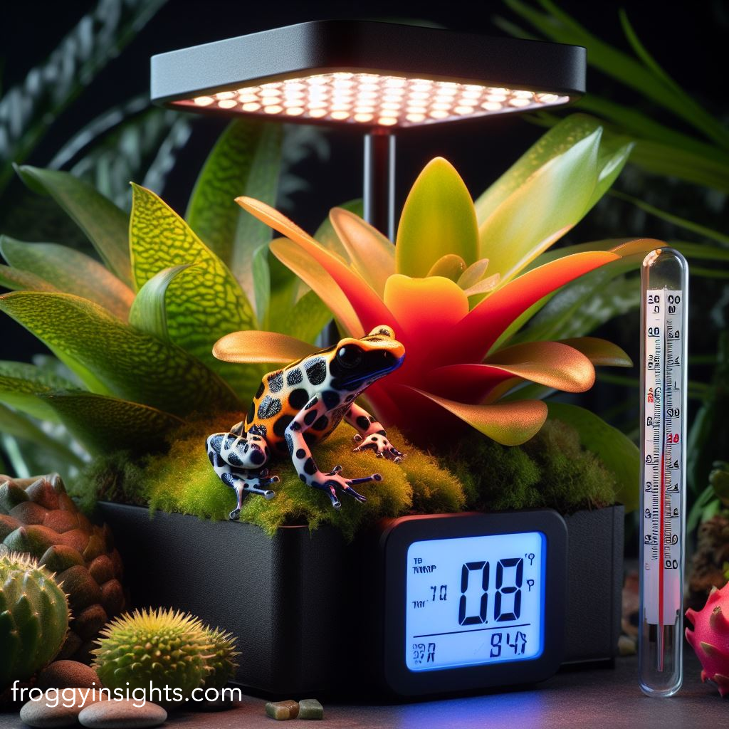 Poison dart frog in a vivarium with LED lighting, thermometer, and hygrometer