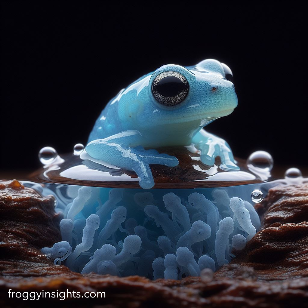 Blue patterned juvenile froglet leaving the water, having finished transforming from an aquatic tadpole to a semi-terrestrial frog.