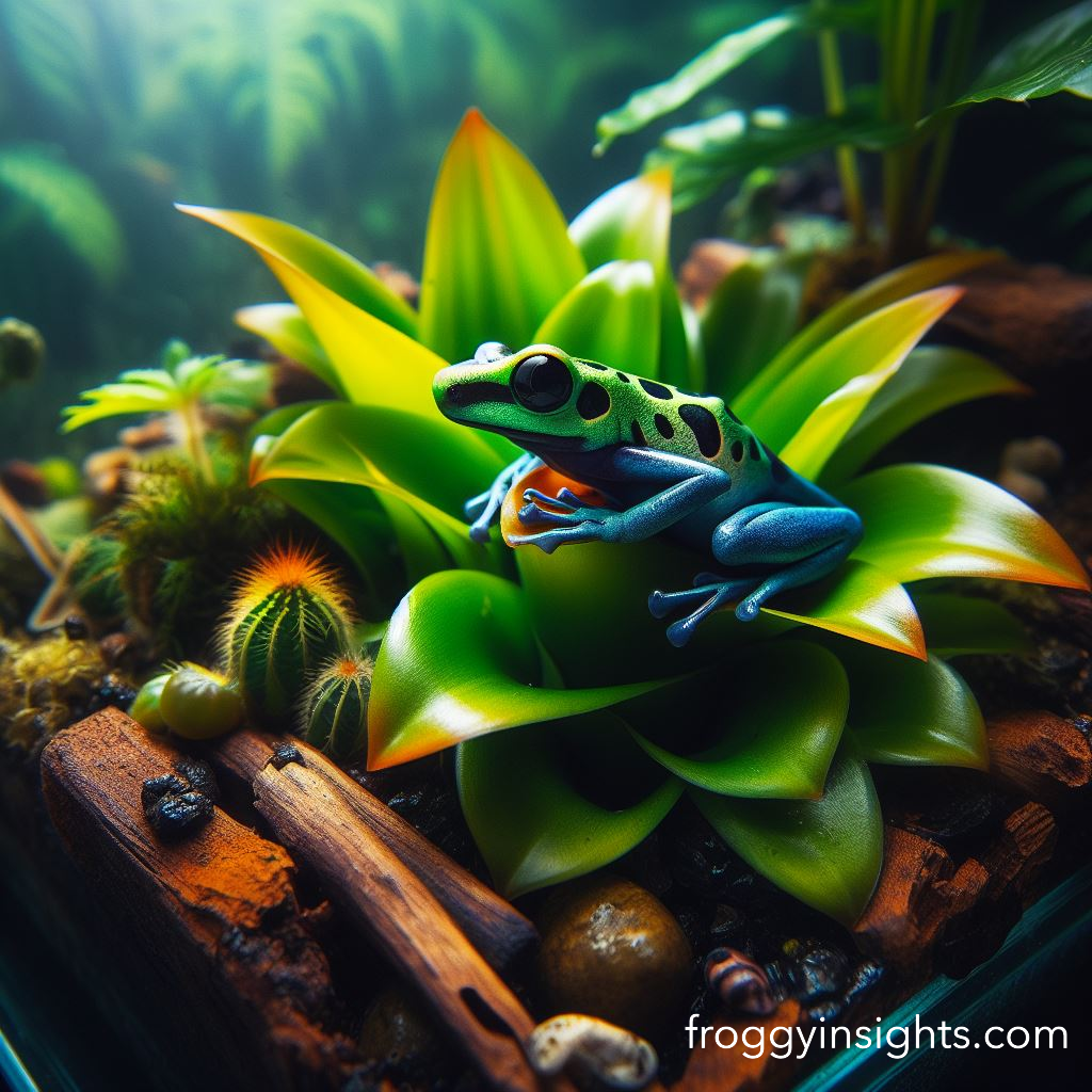 Santa Isabel dart frog perched on a bromeliad in its bioactive terrarium habitat.