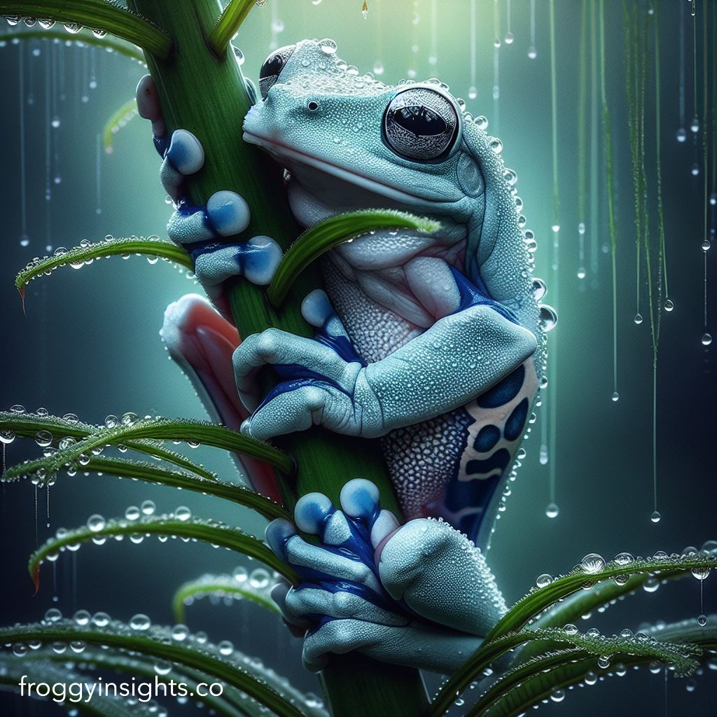 Blue frog gripping a green rainforest leaf with its toe pads, depicting the arboreal niche habitats amongst the forest canopies.