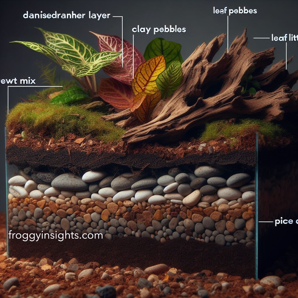 Cross-section of a poison dart frog vivarium with drainage layer, substrate, and hardscape