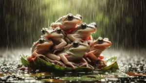 Group of squirrel tree frogs calling by a rain-filled pond in the southeastern United States.