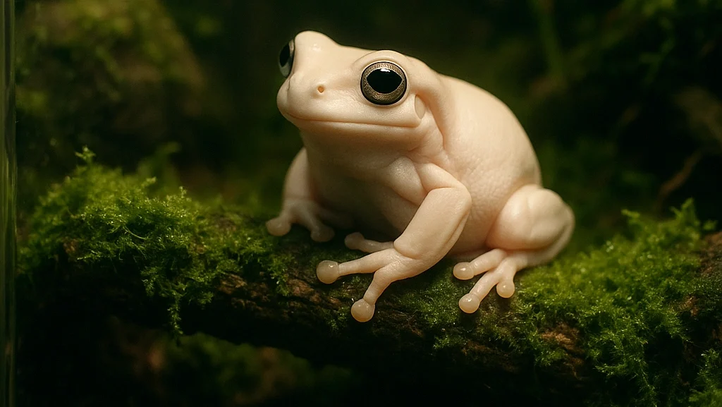 Healthy white tree frog (Litoria caerulea) in proper terrarium setup with live plants and natural substrate
