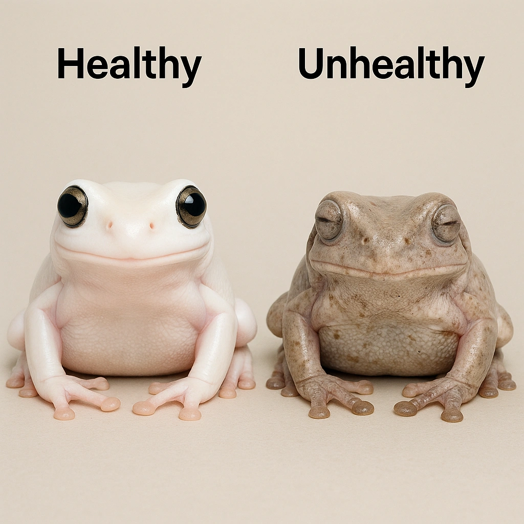 Comparison images showing healthy vs. unhealthy frog characteristics
