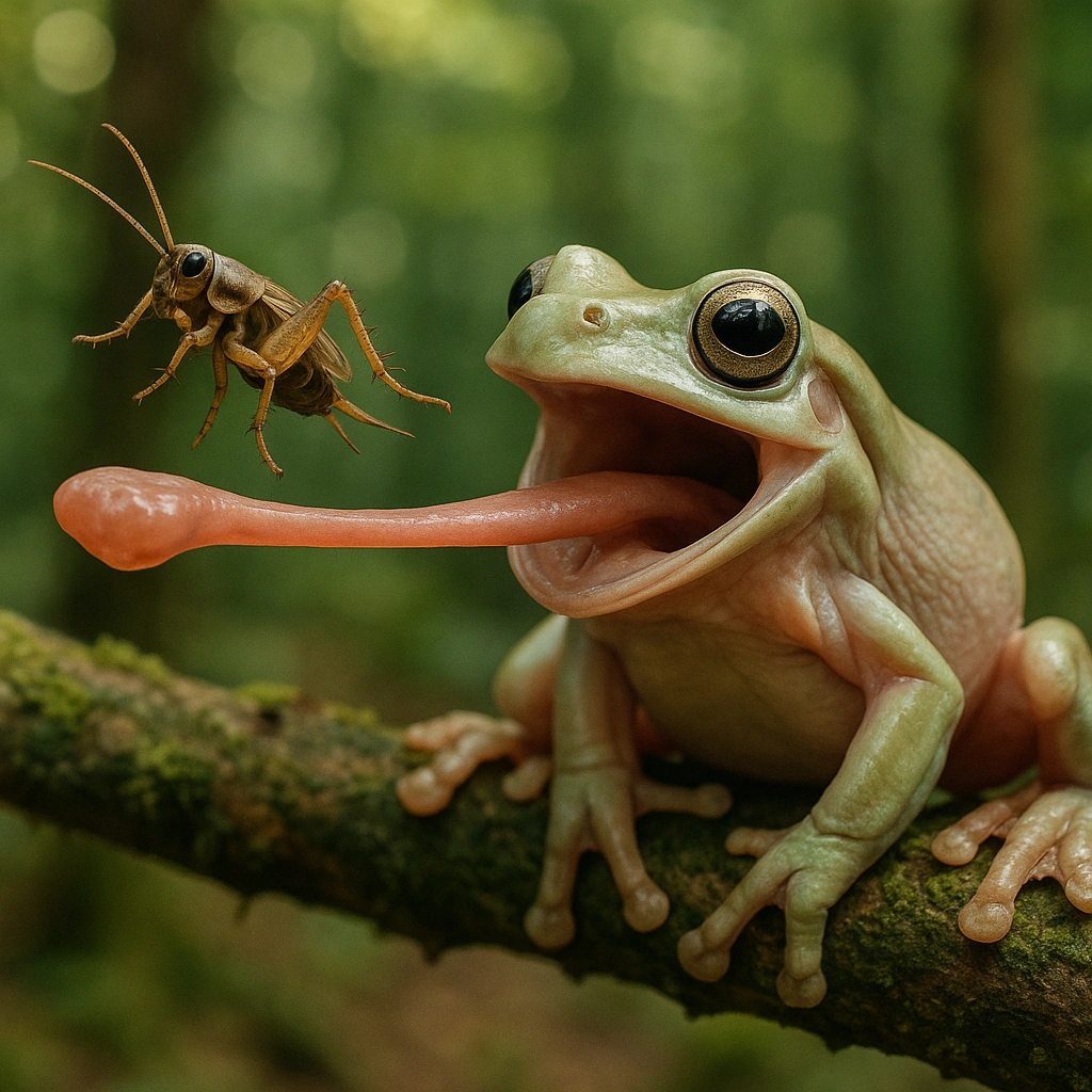 White tree frog mid-hunt catching a cricket, demonstrating natural feeding behavior