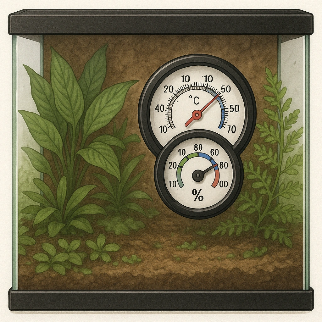 Thermometer and hygrometer display showing optimal readings in terrarium setting