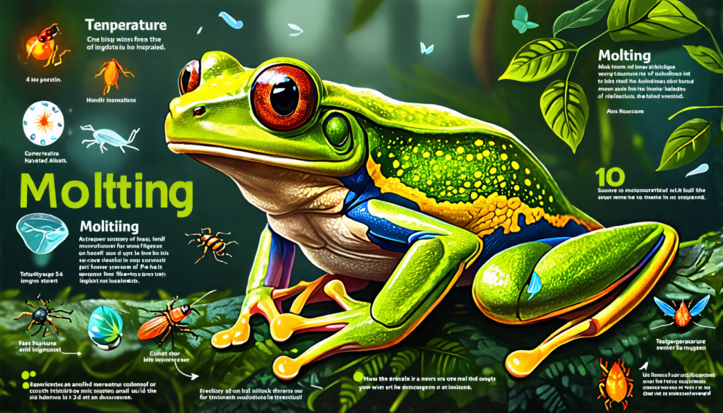 An illustration of a vibrant tree frog experiencing molting difficulties, set in a lush rainforest environment. The frog is depicted half-molted, with its