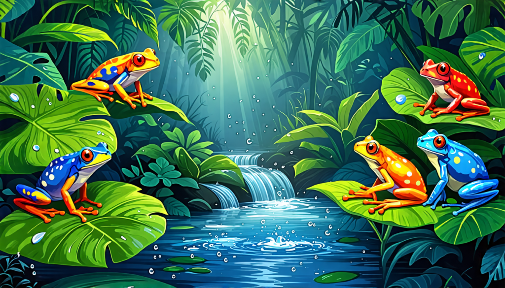 Create an image of a lush, tropical rainforest scene featuring vibrant tree frogs perched on large, green leaves near a clear, fresh water source such as a