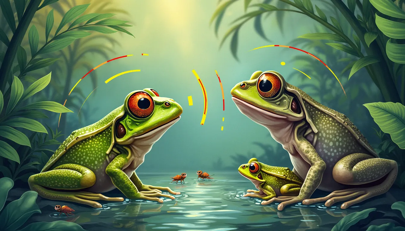 An illustrated scene showcasing various species of frogs in a lush, vibrant rainforest, with sound waves visually radiating around them. Highlight the frog