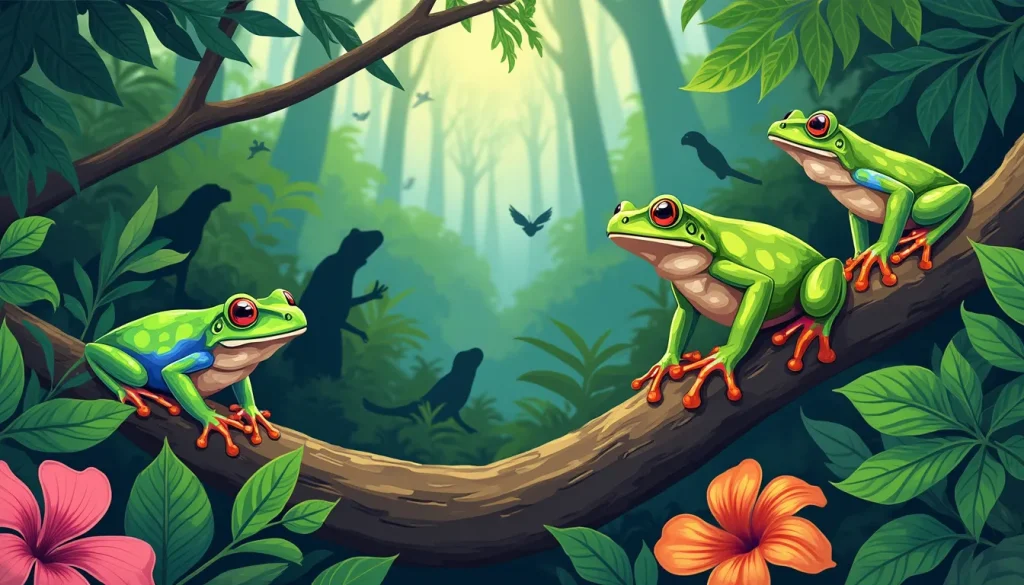 Create an illustration of a vibrant rainforest scene featuring different species of tree frogs using various survival strategies to evade predators. Show a