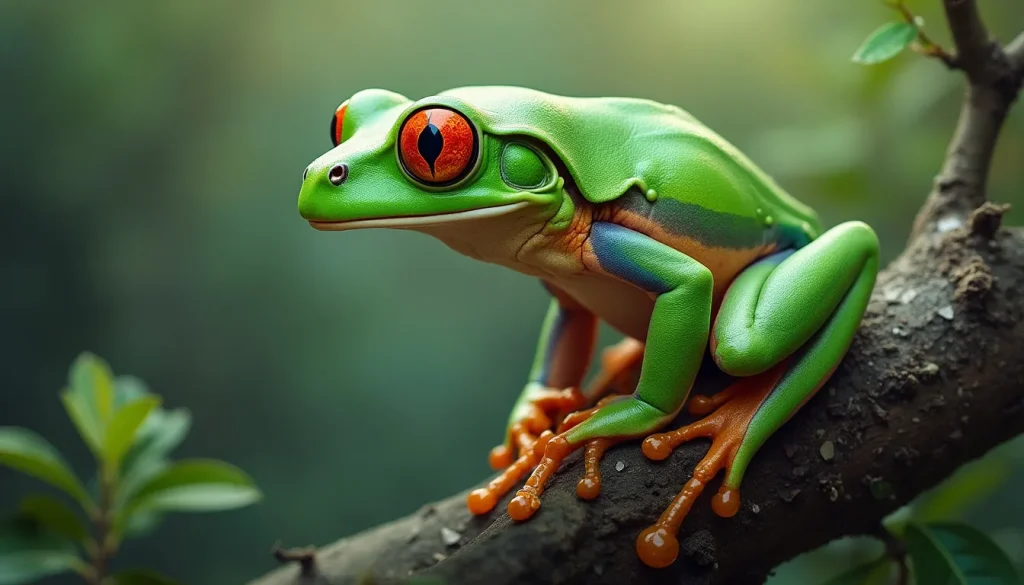 Create an image of a vibrant green tree frog perched on a branch in a natural setting, with subtle signs of stress depicted, such as a slightly turned body