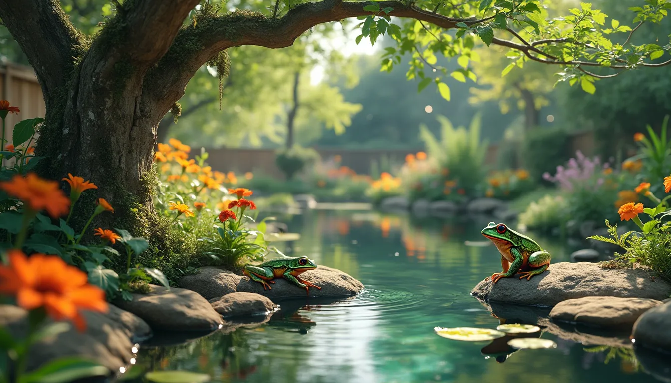 An idyllic backyard scene showcasing a vibrant tree frog habitat, featuring a small pond surrounded by lush greenery, colorful flowers, and rocks. Include