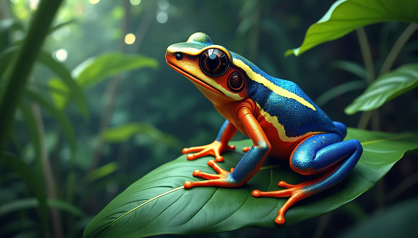 Create an artistic representation of the Santa Isabel Dart Frog, showcasing its vibrant colors and intricate patterns. The frog should be perched on a lush