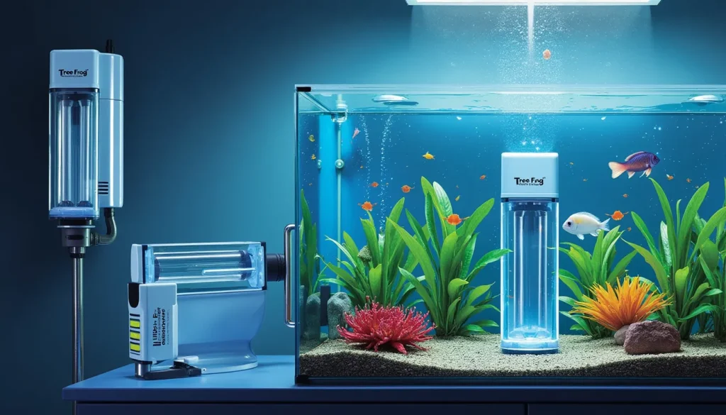 Illustrate a modern, high-tech aquarium setup featuring Tree Frog UV sterilizers in action. The scene should showcase a vibrant underwater environment with