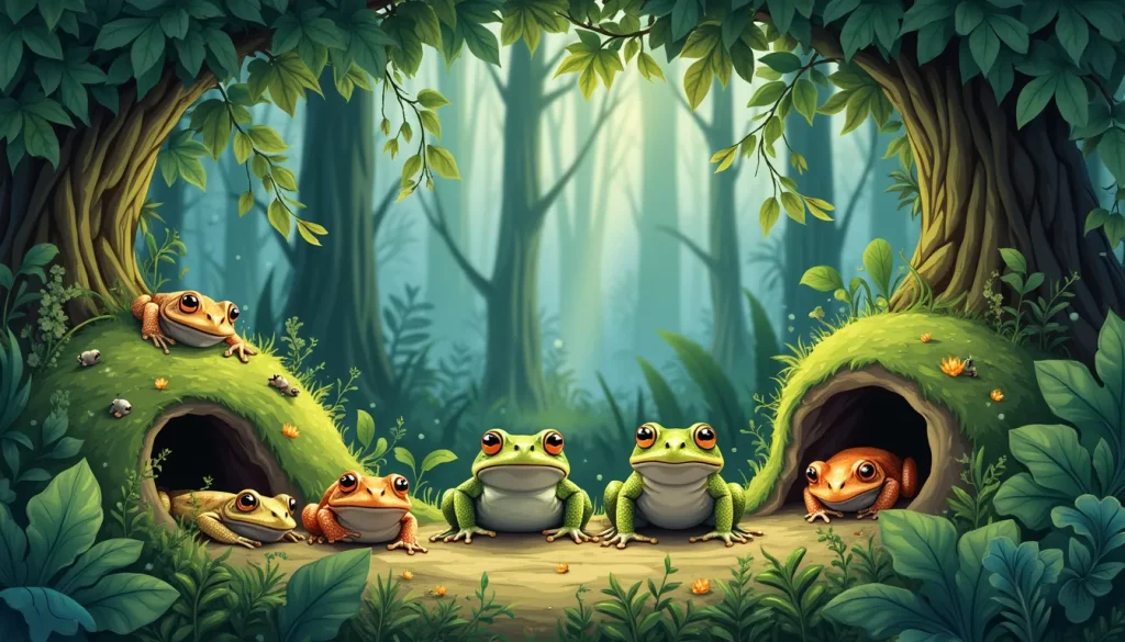 An educational illustration depicting effective tree frog brumation management techniques, featuring a serene forest scene with tree frogs in various stage