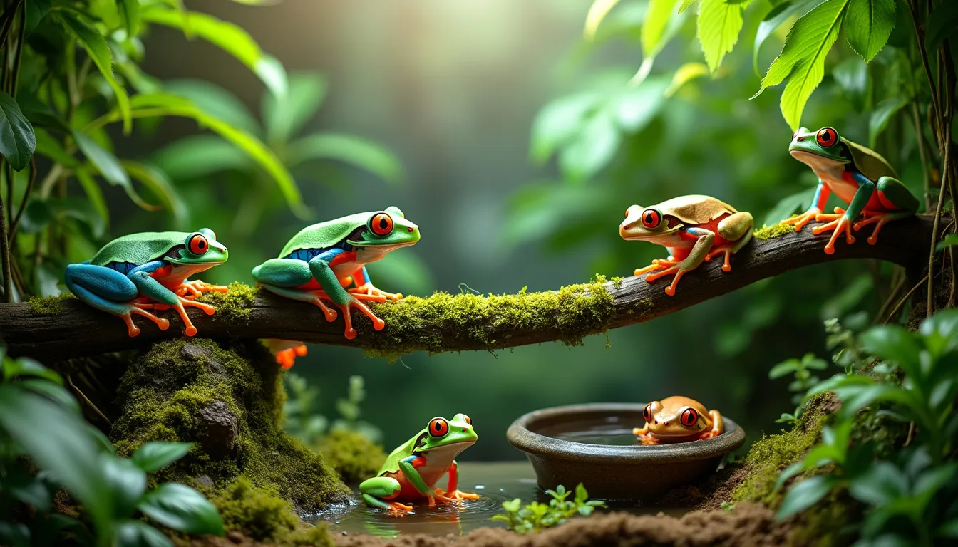 Create an image of a vibrant terrarium designed for tree frogs, featuring lush green plants, a small water bowl, branches for climbing, and a cozy hiding s