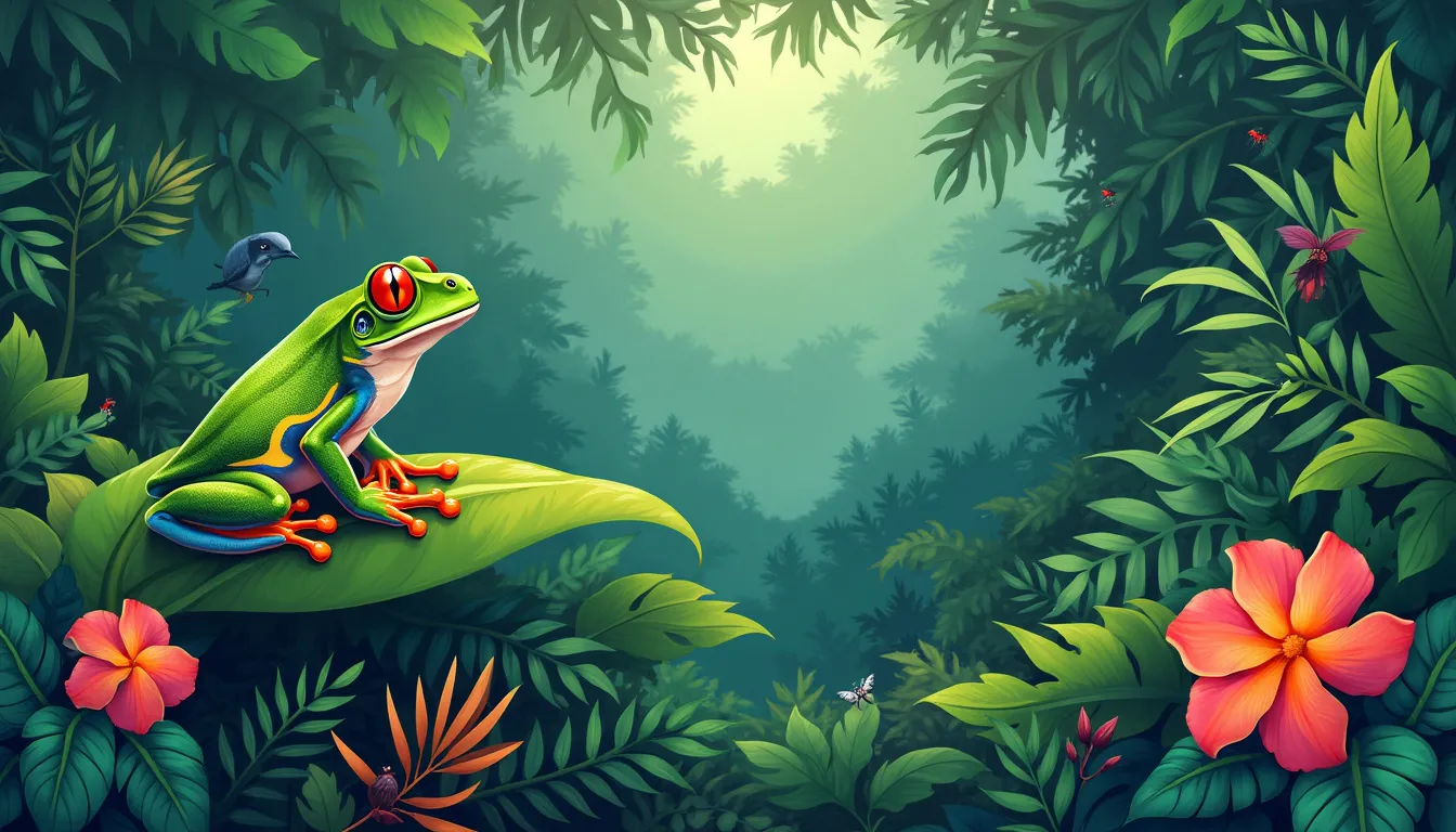 Create an illustration of a colorful tree frog perched on a lush green leaf in a vibrant rainforest setting. Include various elements that represent its ha