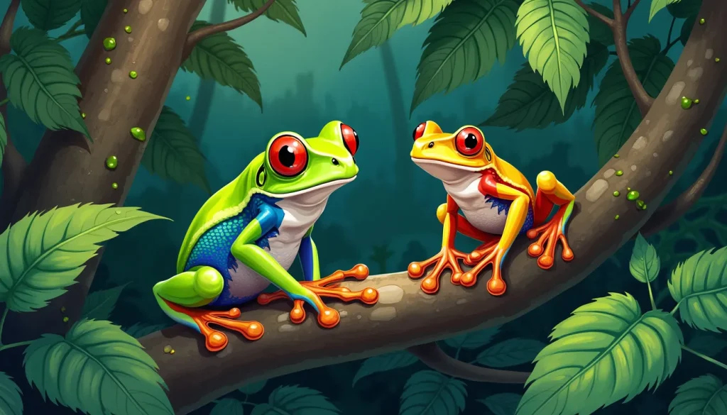 Create an illustration of a vibrant rainforest scene featuring various species of tree frogs, showcasing their unique traits. Highlight their colorful skin