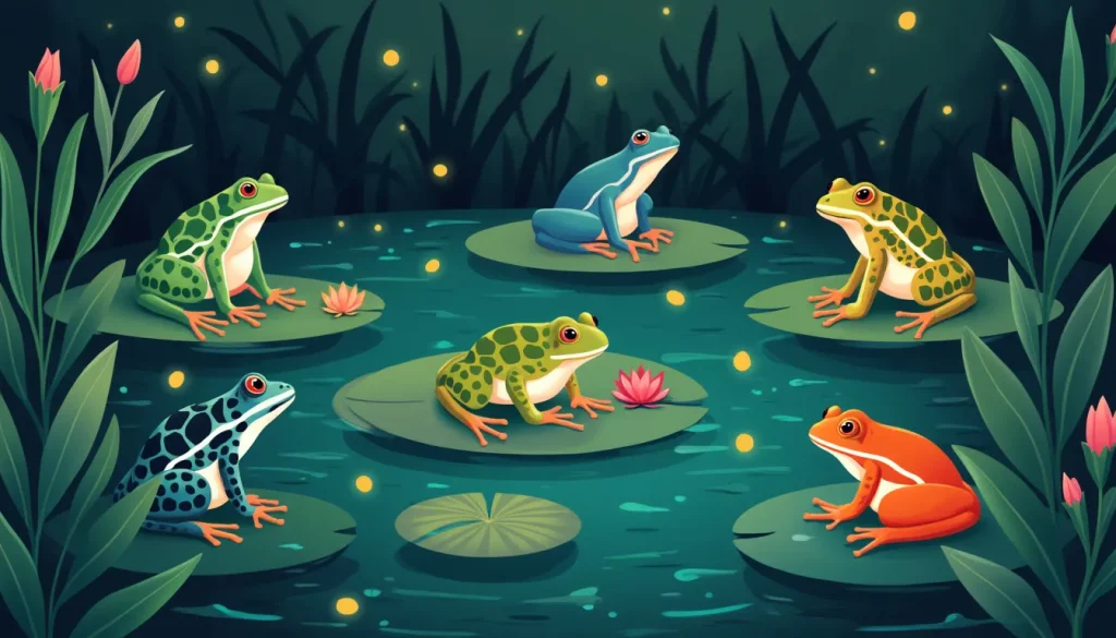 Create an illustration of a serene pond environment at dusk, showcasing a variety of colorful tree frogs perched on lily pads and nearby foliage, with one