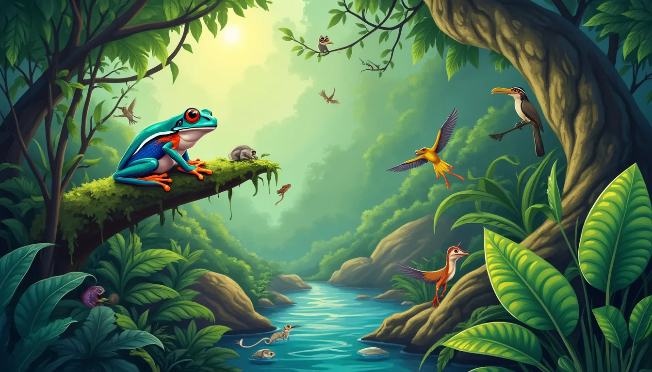 An educational illustration showcasing a vibrant tree frog perched on a leaf in a rainforest, surrounded by its natural habitat. In the background, depict