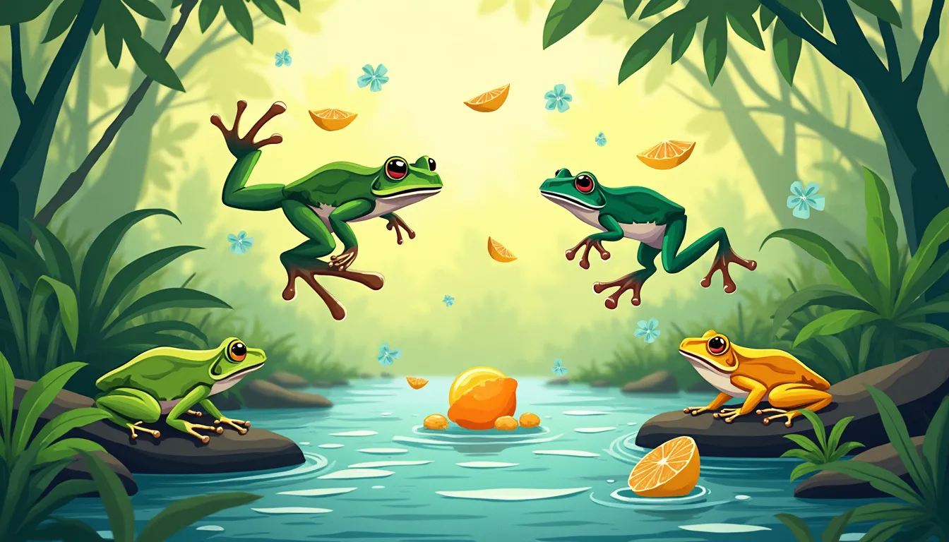 Create an illustration of a vibrant wetland scene featuring various species of tree frogs reacting negatively to natural repellents like citrus peels, vine