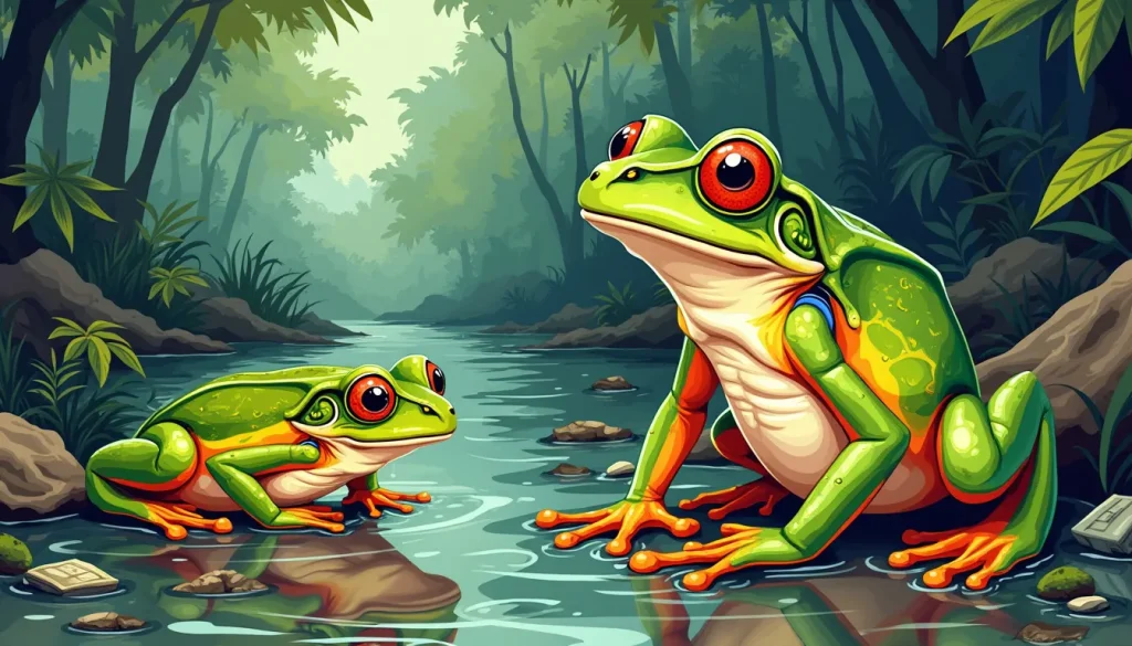 An illustration showcasing tree frogs in a polluted environment, featuring a vibrant scene with a swampy backdrop filled with murky water, litter, and indu