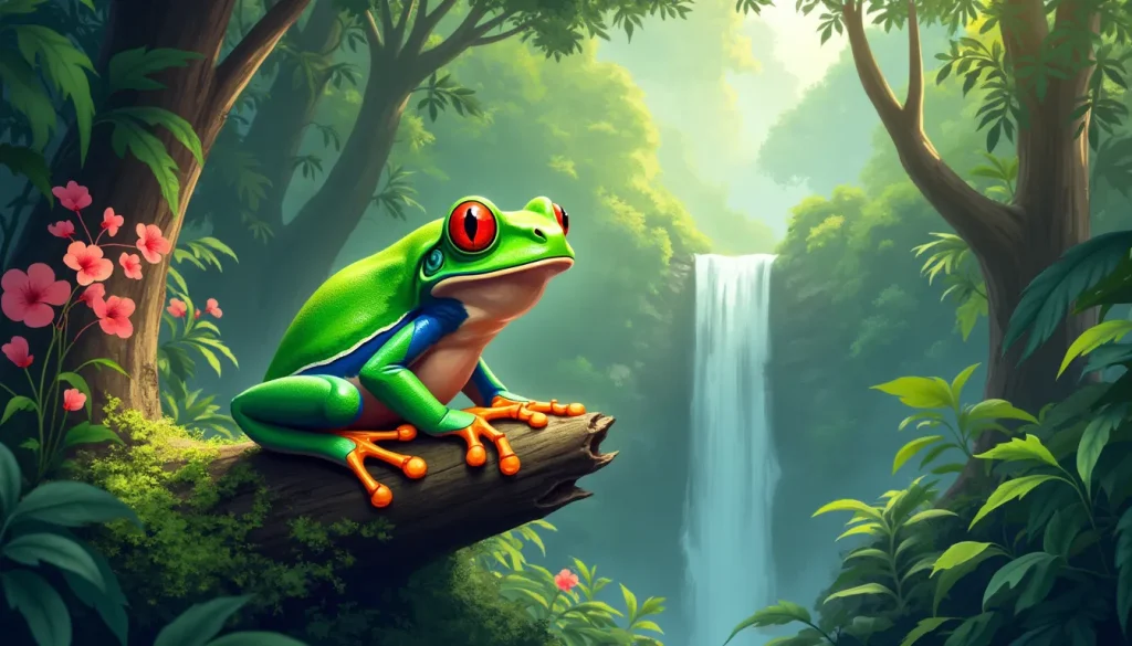 Create an illustration featuring the Giant Green Tree Frog in its natural habitat. The scene should highlight the frog's vibrant green coloration and large