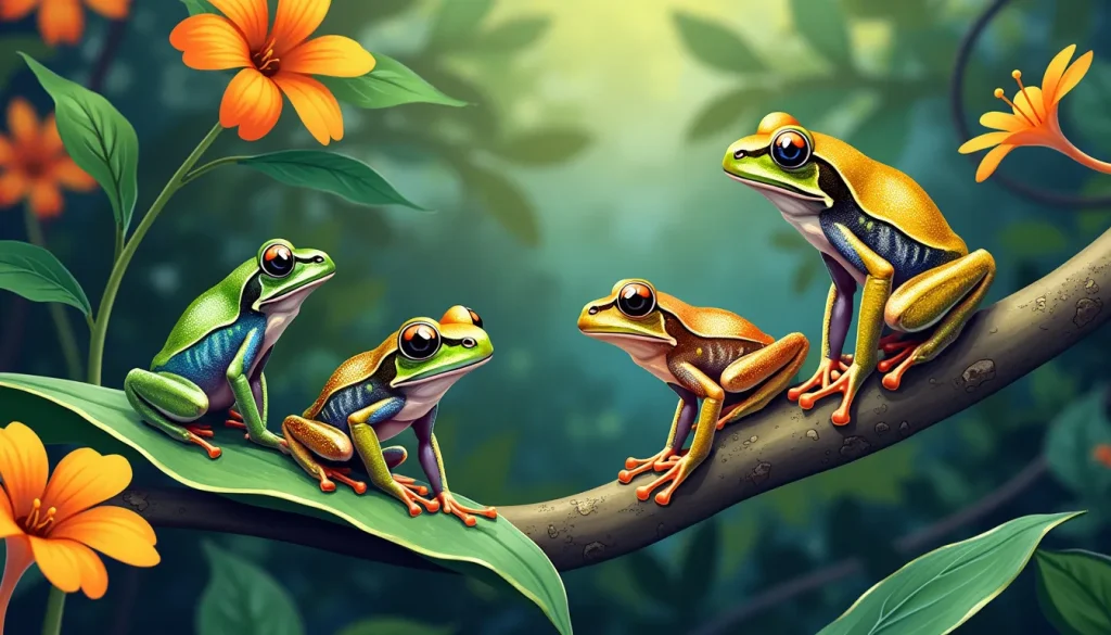 Illustrate a vibrant and detailed scene showcasing the smallest tree frog species in their natural habitat. Include various species of tiny tree frogs perc