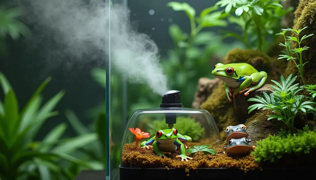 Create an image of a vibrant, well-planted terrarium designed for tree frogs, featuring a stylish fogger emitting a gentle mist. Include various plant spec