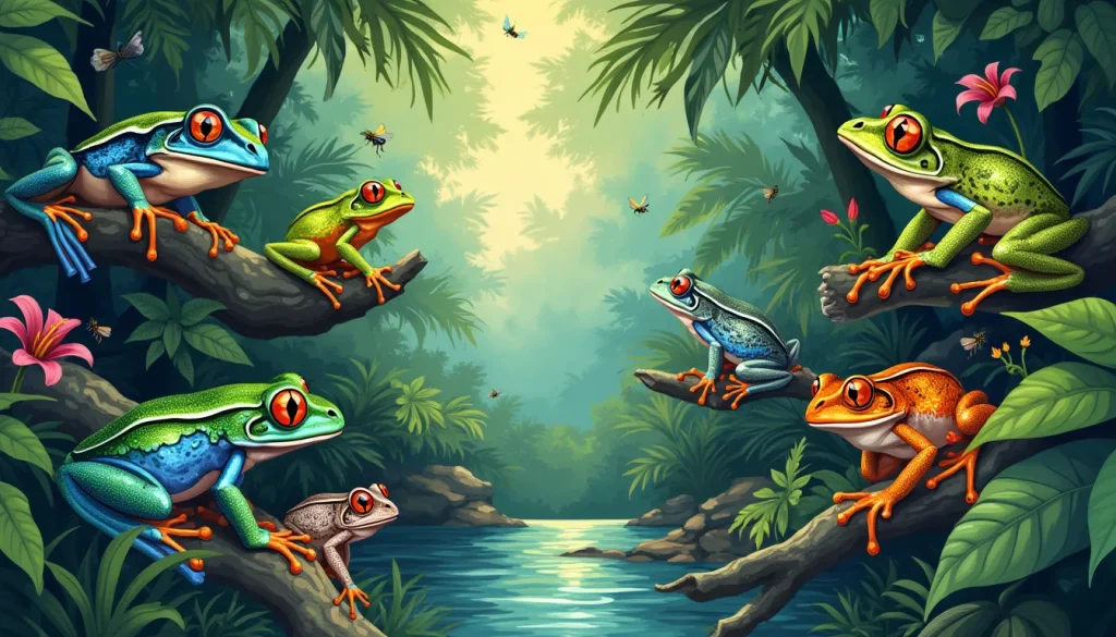 Create an illustration showcasing a vibrant rainforest scene teeming with various species of tree frogs displayed in their natural habitat. Emphasize the d