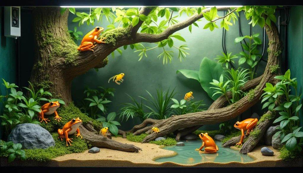 Create a detailed and vibrant scene of a tree frog breeding tank setup, featuring lush green plants, branches for climbing, and a shallow water area. Inclu