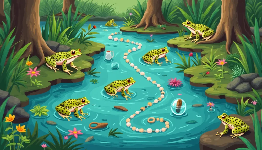 Illustration of a vibrant, healthy habitat for tree frogs, showcasing a cleaning schedule chart integrated into a lush swamp environment. Include various e