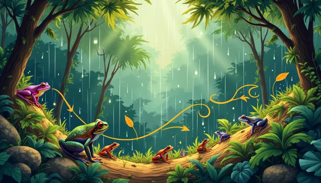 An illustrative scene depicting a vibrant rainforest showcasing a variety of tree frogs in different stages of their seasonal migration. The image should h