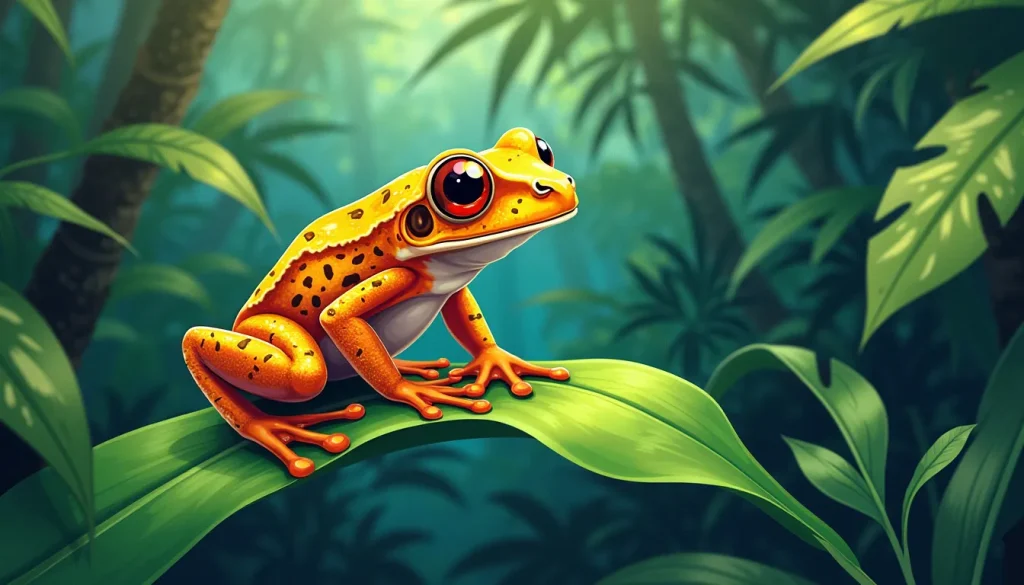 Create an illustration of a Warty Tree Frog perched on a vibrant green leaf in a lush rainforest setting, showcasing its distinctive warty texture and brig