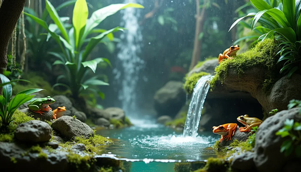 An artistic representation of a vibrant, lush tree frog tank featuring a stunning waterfall feature. The tank is decorated with tropical plants, moss, and