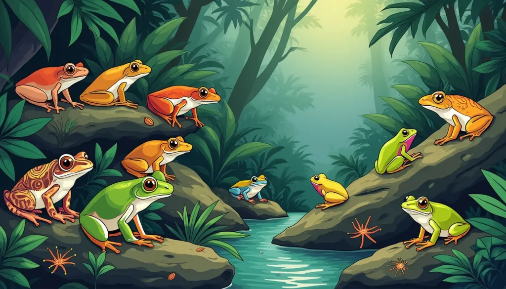 Create an illustration depicting the concept of adaptive radiation in tree frogs, showcasing various species with unique adaptations in a vibrant rainfores