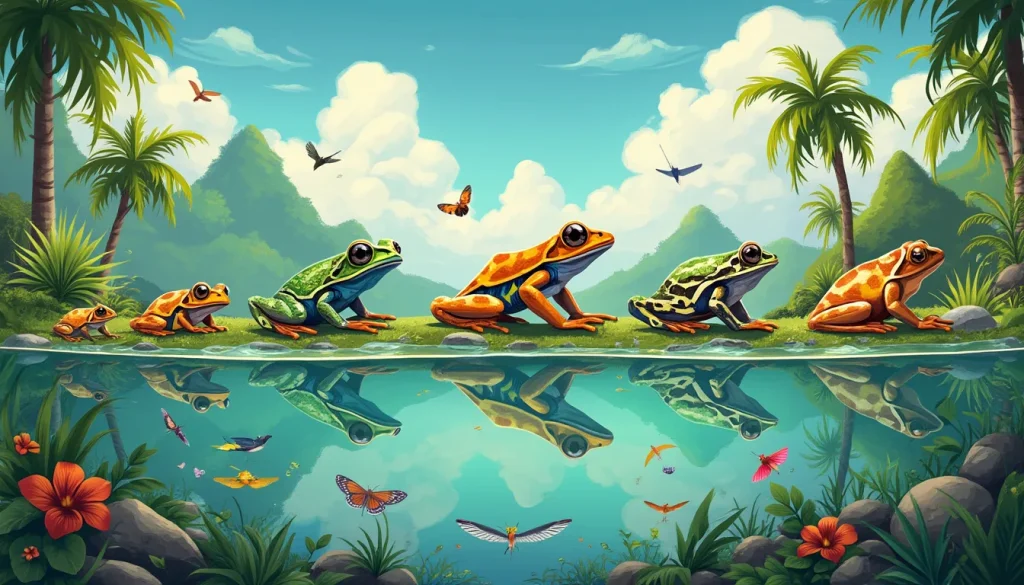 Create an imaginative illustration showing the evolution of the Island Tree Frog in a vibrant tropical setting. Depict a timeline with different stages of